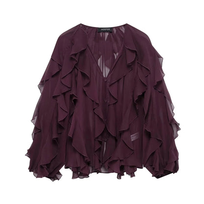 KONDALA Burgundy Mesh Ruffles Shirts For Women Elegant Long Sleeve See Through Loose Tops 2025 New Female High Street Partywear