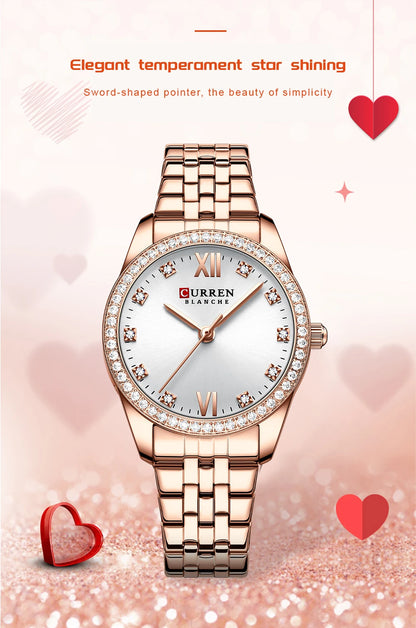 CURREN Luxury Watch Women Ring Necklace Earrings Rhinestone Fashion Wristwatch Female Casual Ladies Watches Bracelet 5PCS Set