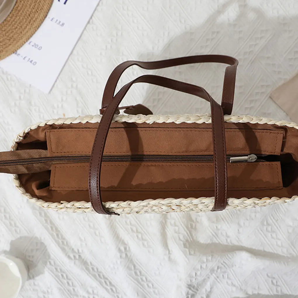 Soft Leather Straw Handbag Comfortable To For Travelling Practical Large Capacity Shoulder Bags As Shown