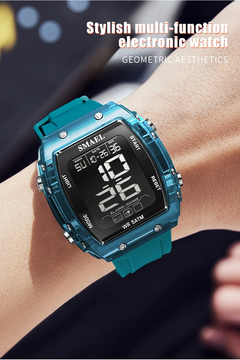 SMAEL Digital Watches Big Dial Rectangle Sport Watches LED Date 8108 Digital Watches 50m Waterproof Shockproof Men's Wristwatch