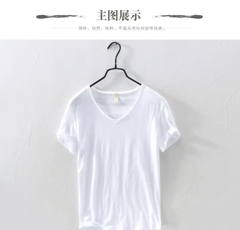 2026 Summer New 100% Cotton White T-shirt Male V-neck