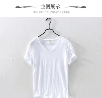 2026 Summer New 100% Cotton White T-shirt Male V-neck