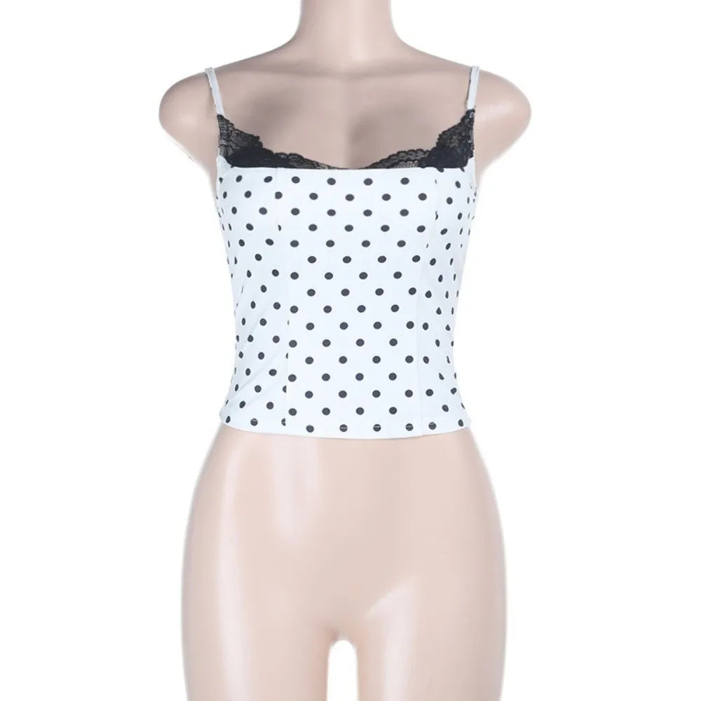 New Lace Splicing Lace Camisole Top Polka Dot Sleeveless Design Polka Dot Top