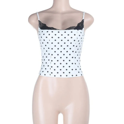 New Lace Splicing Lace Camisole Top Polka Dot Sleeveless Design Polka Dot Top Trendy Slim Fit Top Y2K Fashion