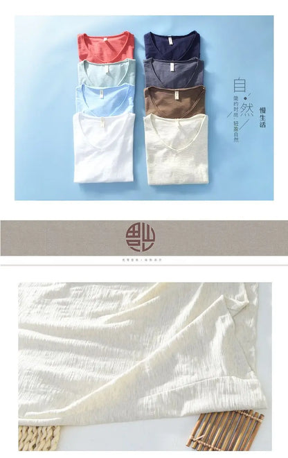 2026 Summer New 100% Cotton White T-shirt Male V-neck