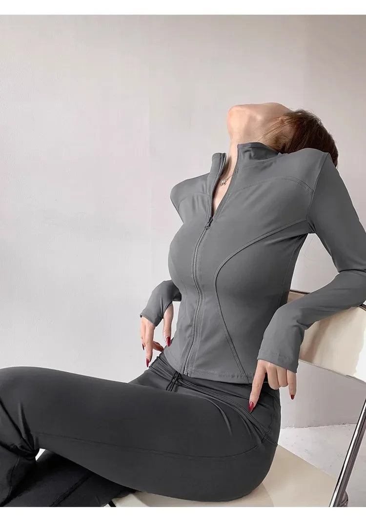 Women's Quick-Dry Yoga Jacket – Long Sleeve Slim Fit Zip Running Coat