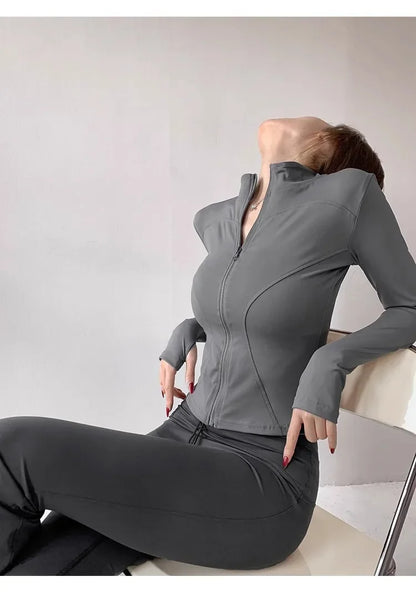 Women's Quick-Dry Yoga Jacket – Long Sleeve Slim Fit Zip Running Coat