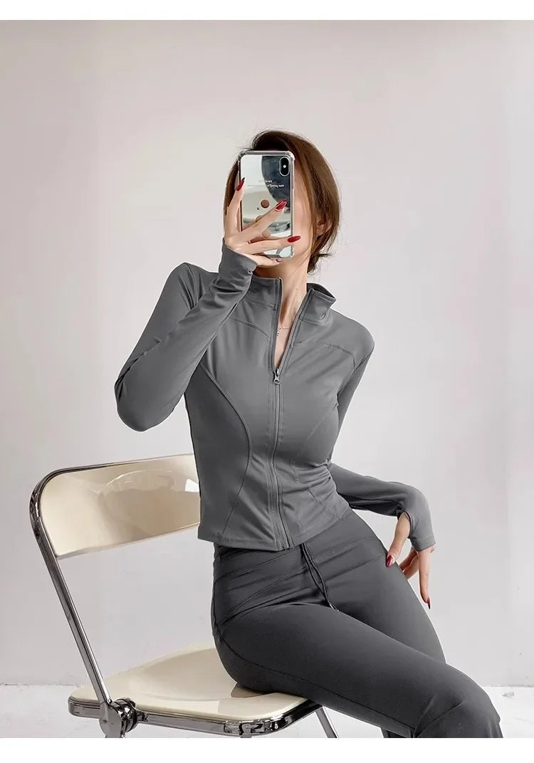 Women's Quick-Dry Yoga Jacket – Long Sleeve Slim Fit Zip Running Coat