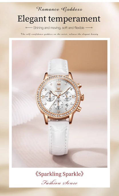 OLEVS Fashion Diamond Watches For Women Luxury Brand Rose Gold Case Ladies Quartz Watch White Leather Strap reloj para mujer