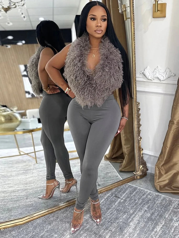 Nibber Hipster 2-Piece Set Women Plush Tassel Lace-Up Halter v-Neck Backless Vest+High Elasticity Trouser Sexy Midnight Suits