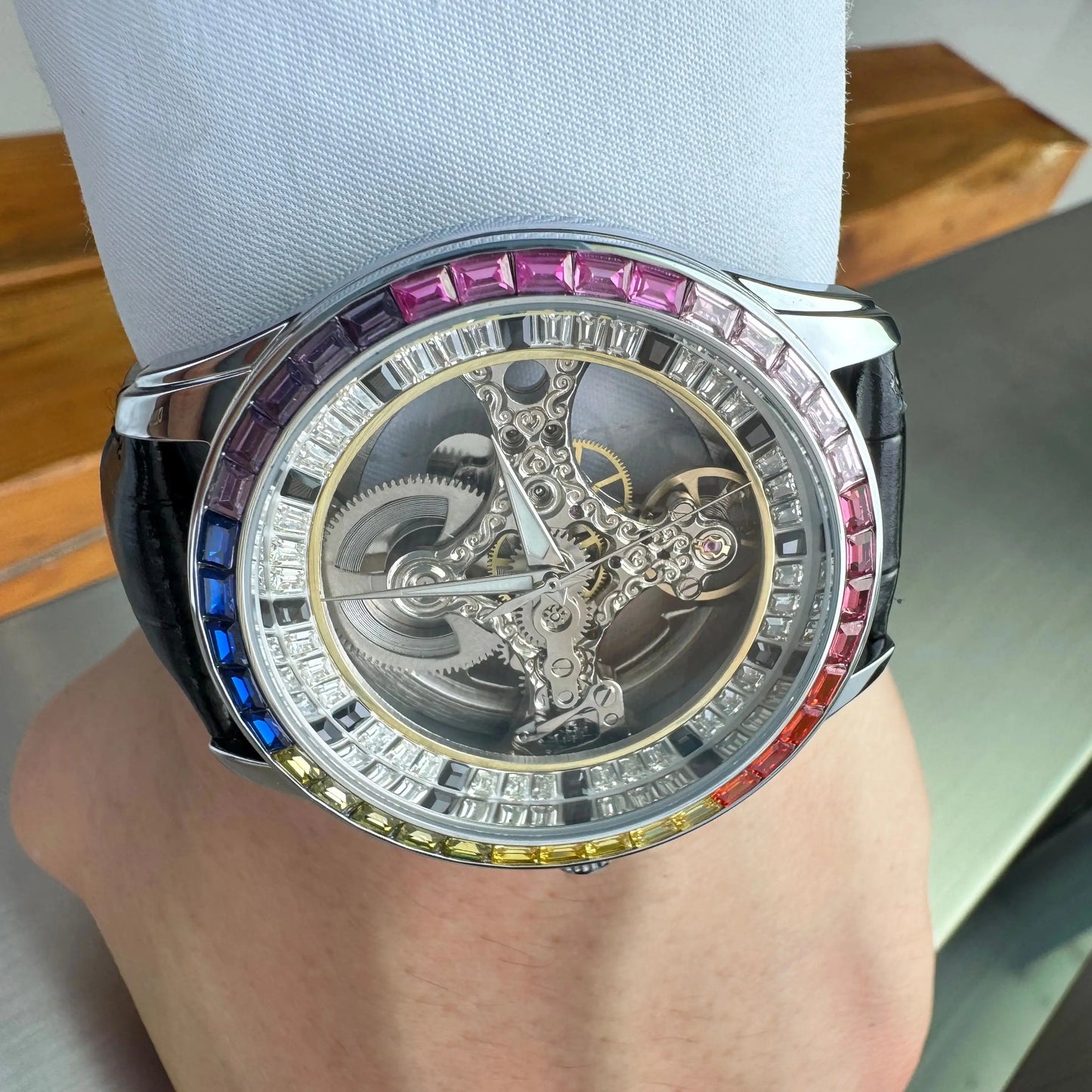 AOKULASIC Luxury Skeleton Automatic Watch for Men Fashion Black Leather Strap Luminous Hands Business Mechanical Mens Watches