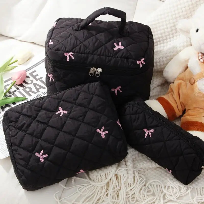 Black Women Portable Makeup Bag Large Capacity Bow Quilting Cosmetic Pouch Handbag Ladies Travel Toiletry Storage Bag