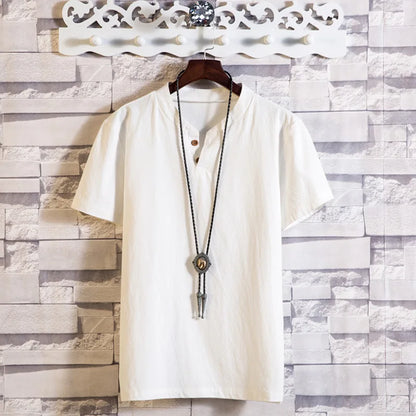 Men's Button Loose Shirts Casual Male V Neck Short Sleeve Harajuku Linen T-shirt Tops ZJFS-1901
