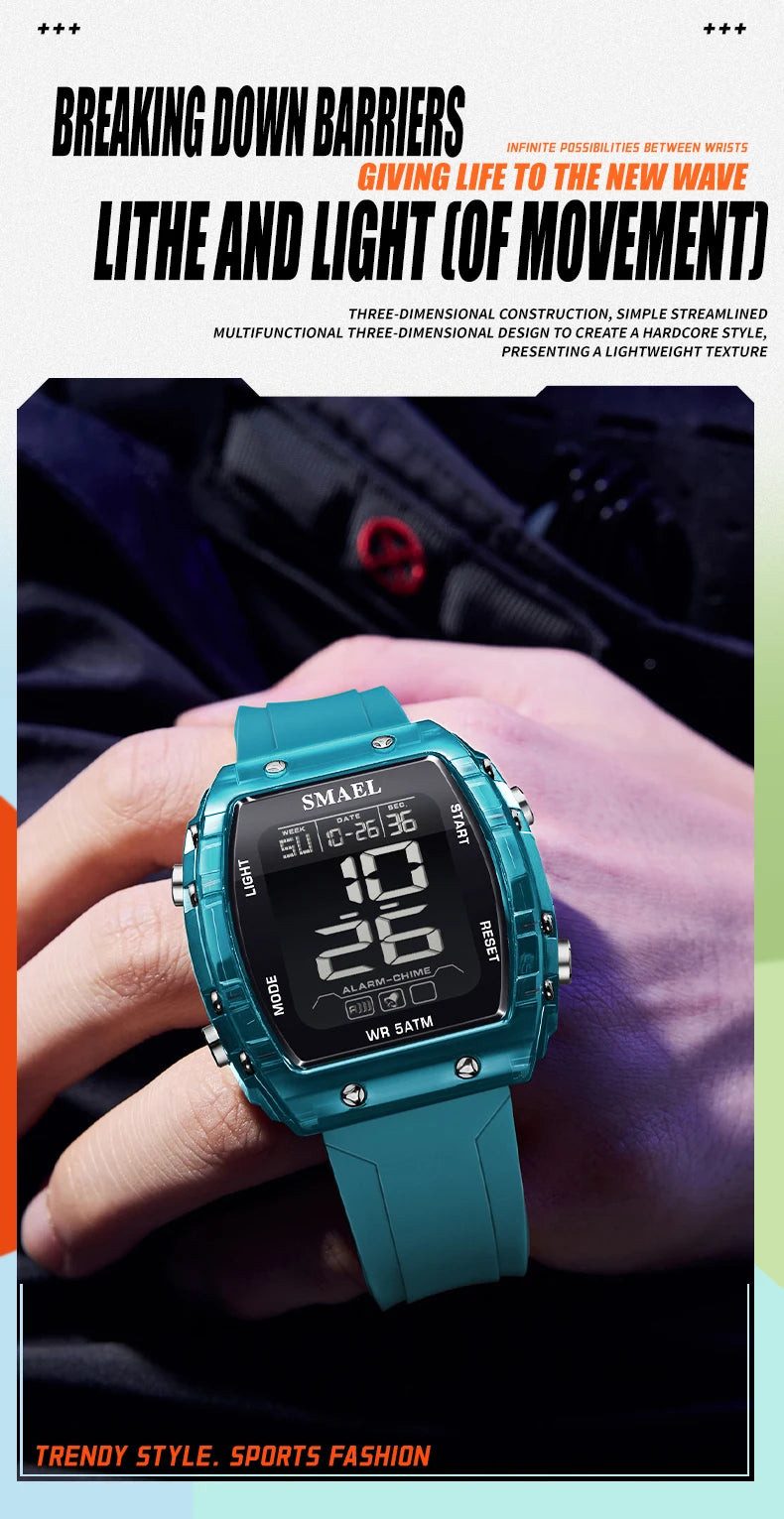 SMAEL Digital Watches Big Dial Rectangle Sport Watches LED Date 8108 Digital Watches 50m Waterproof Shockproof Men's Wristwatch