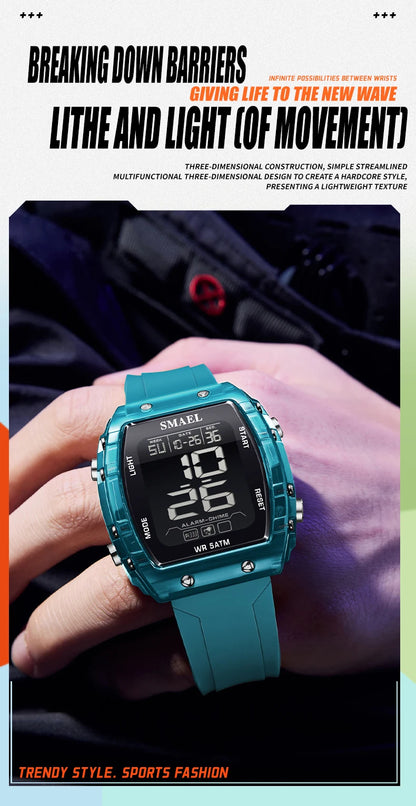 SMAEL Digital Watches Big Dial Rectangle Sport Watches LED Date 8108 Digital Watches 50m Waterproof Shockproof Men's Wristwatch