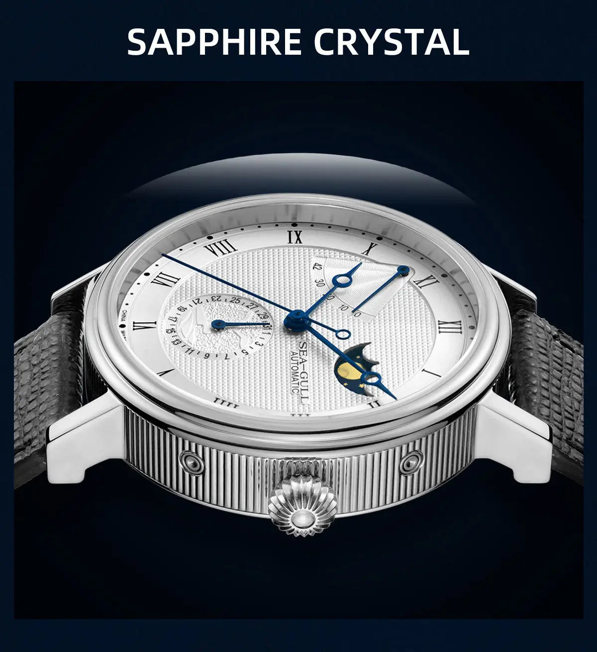 Seagull Men's Business Wristwatch Moon Phase Leather Luxury Automatic Mechannical Men's Watches 50M Waterproof relogio 6092