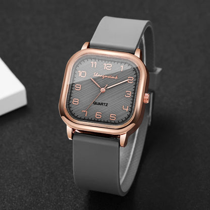 2PCS Fashion Square Arabic Dial Women Watches Heart Bracelet Set Casual Silicone Strap Quartz Watch Reloj Mujer（Without Box）