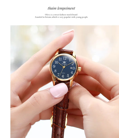OLEVS Brand Fashion Simple Quartz Watch for Women Leather Strap Waterproof Calendar Womens Watches Elegant Female Clock