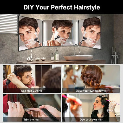 3-Way Mirror with Height Adjustable Hook 360 Trifold Makeup Mirror Hairdressing Mirror Suitable for Haircut Styling