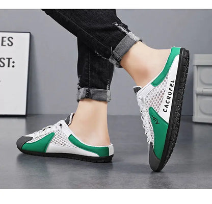 Verão masculino malha deslizamento em metade chinelos moda homem sandálias esportivas respirável qualidade casual ervilhas sapatos para homens mocassins de luxo