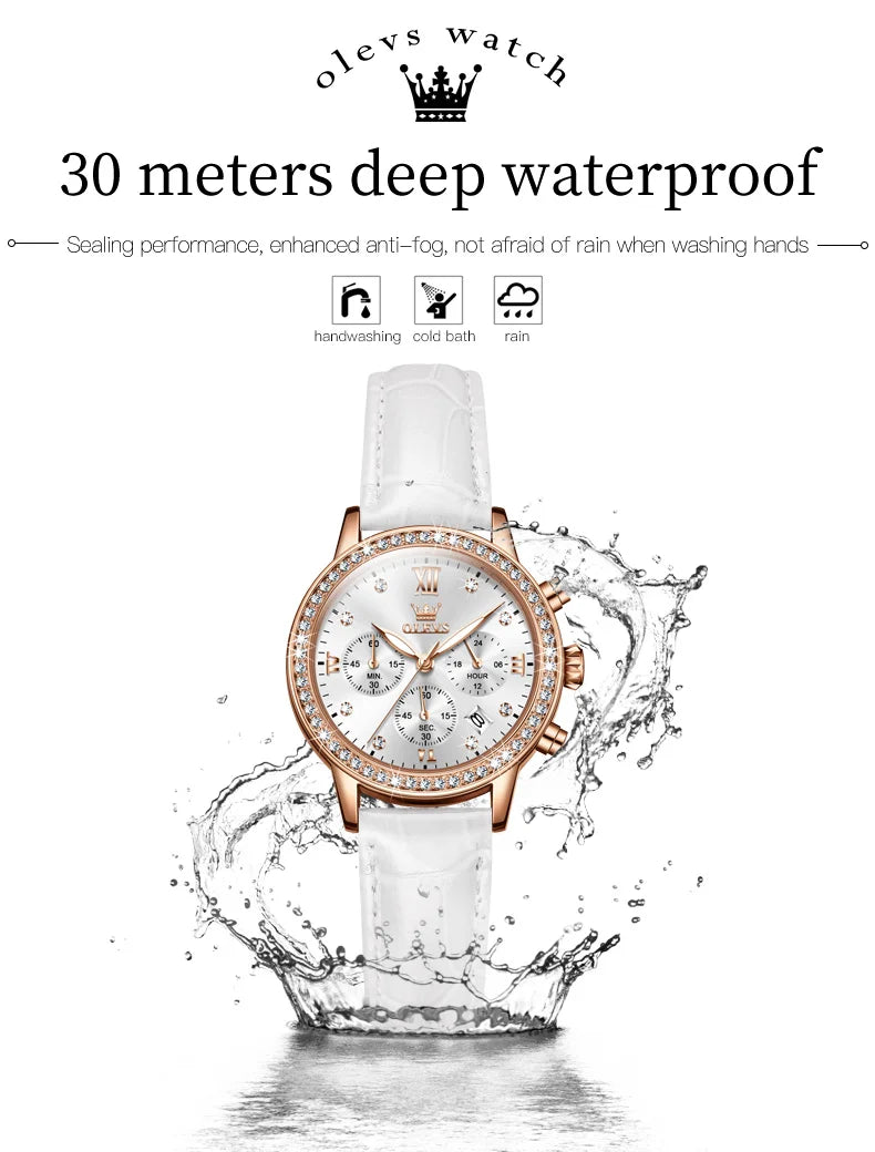 OLEVS 9933 Women' Watches Luxury Brand Diamond Quartz Wristwatch Waterproof Luminous   Leather Strap Multifunction Ladies Watch