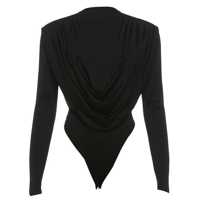 Weird Puss Deep v Swing Collar Bodysuits Woman Elegant Ruched Full Sleeve Skinny Stretch Basic Wild Spring Fashion Body Tops