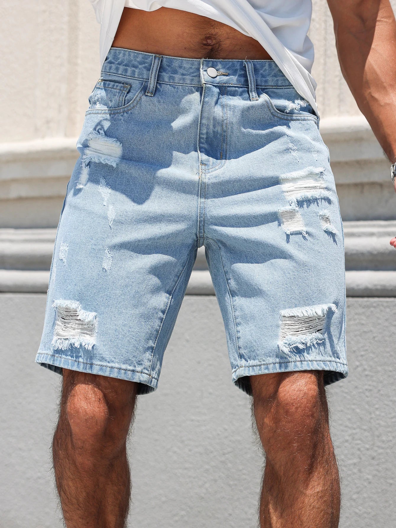 Hole-washed Water Buffalo Denim Short Pants - Men's