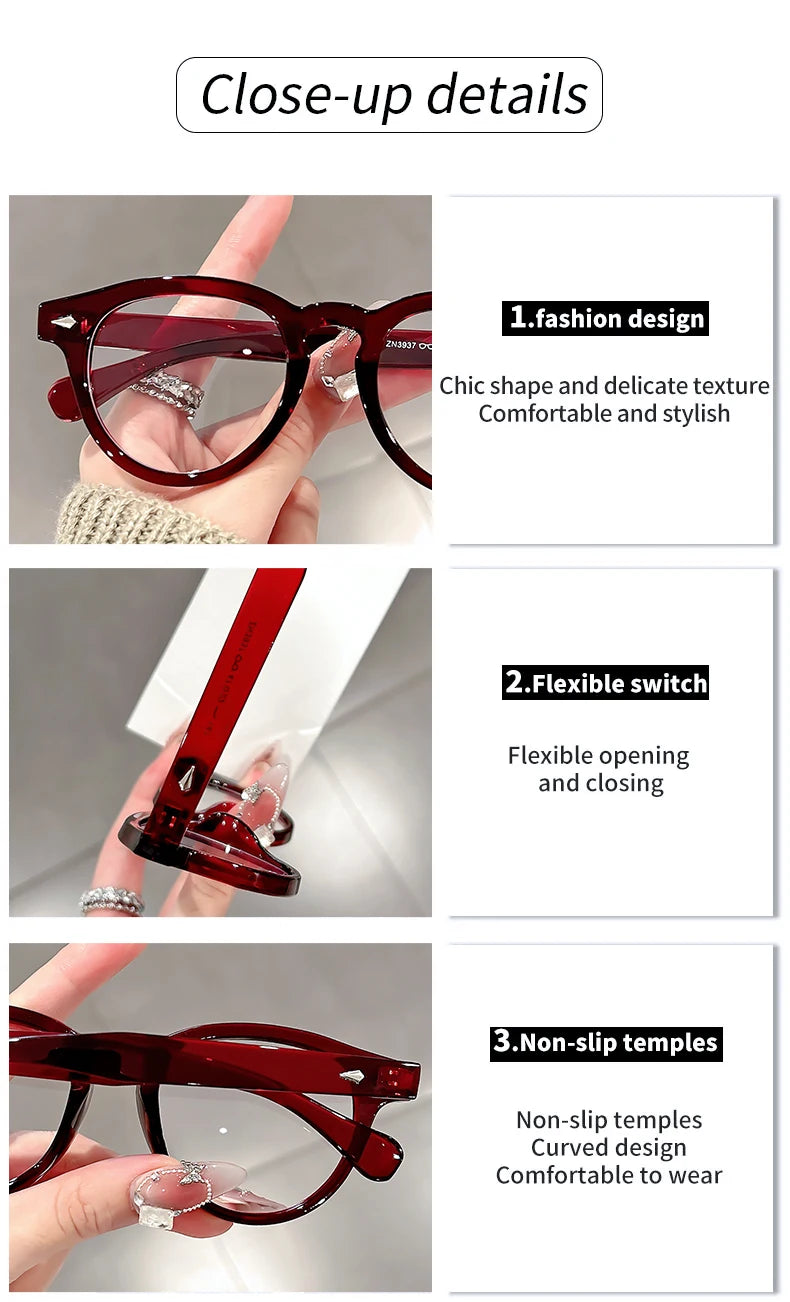 A high-end, retro Korean-style round frame anti-blue light flat glasses with a simple round frame and rice studs without makeup