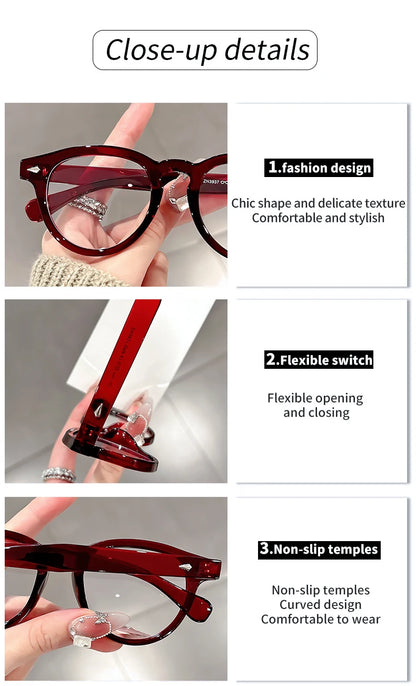 A high-end, retro Korean-style round frame anti-blue light flat glasses with a simple round frame and rice studs without makeup