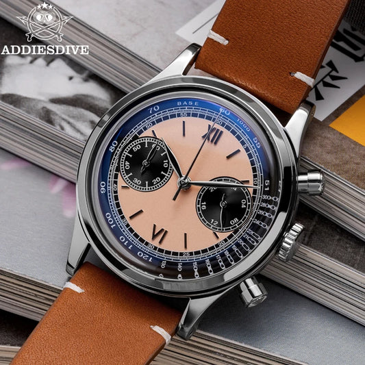 ADDIESDIVE 38mm Chronograph Quartz Watch 60min Business 100m Diving Men's Leather Watches Bubble Dome Mirror Retro Wristwatches
