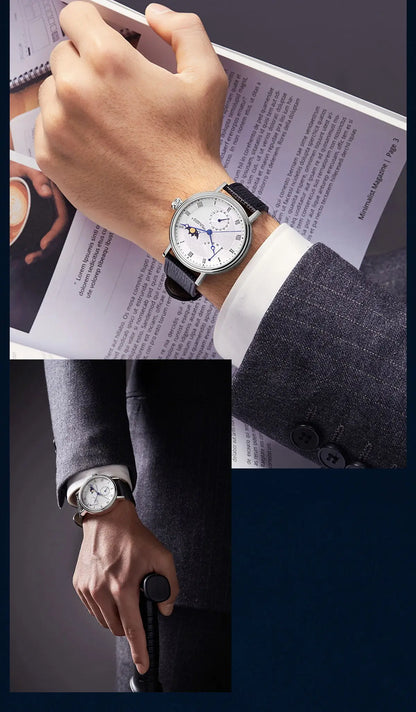 Seagull Men's Business Wristwatch Moon Phase Leather Luxury Automatic Mechannical Men's Watches 50M Waterproof relogio 6092