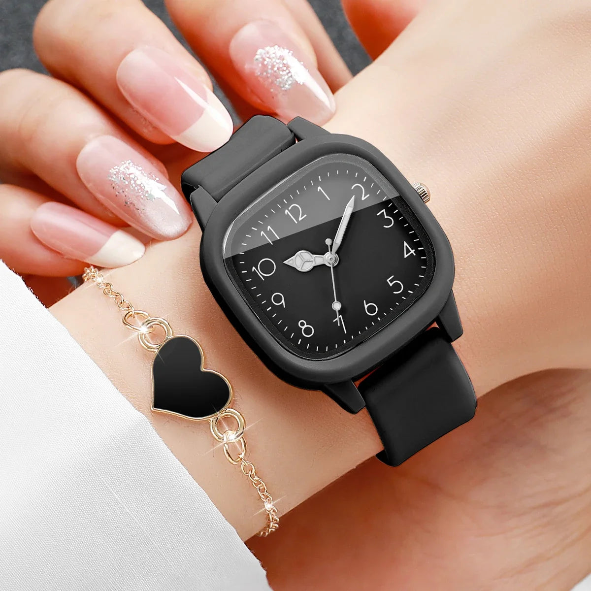 4PCS Fashion Square Women Watches Heart Bracelet Set Arabic Dial Silicone Strap Quartz Wristwatch Reloj Mujer Girls(Without Box)