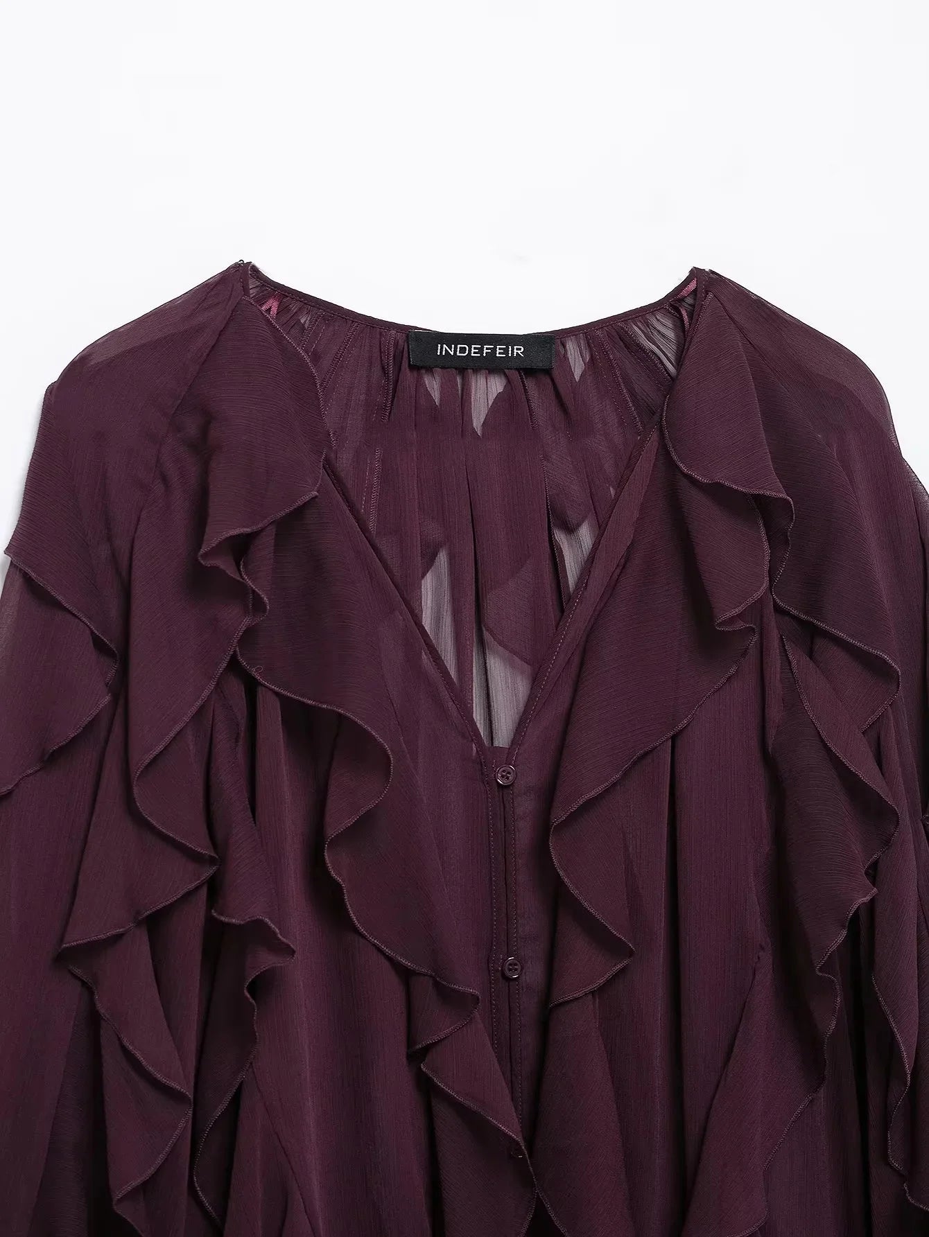 KONDALA Burgundy Mesh Ruffles Shirts For Women Elegant Long Sleeve See Through Loose Tops 2025 New Female High Street Partywear