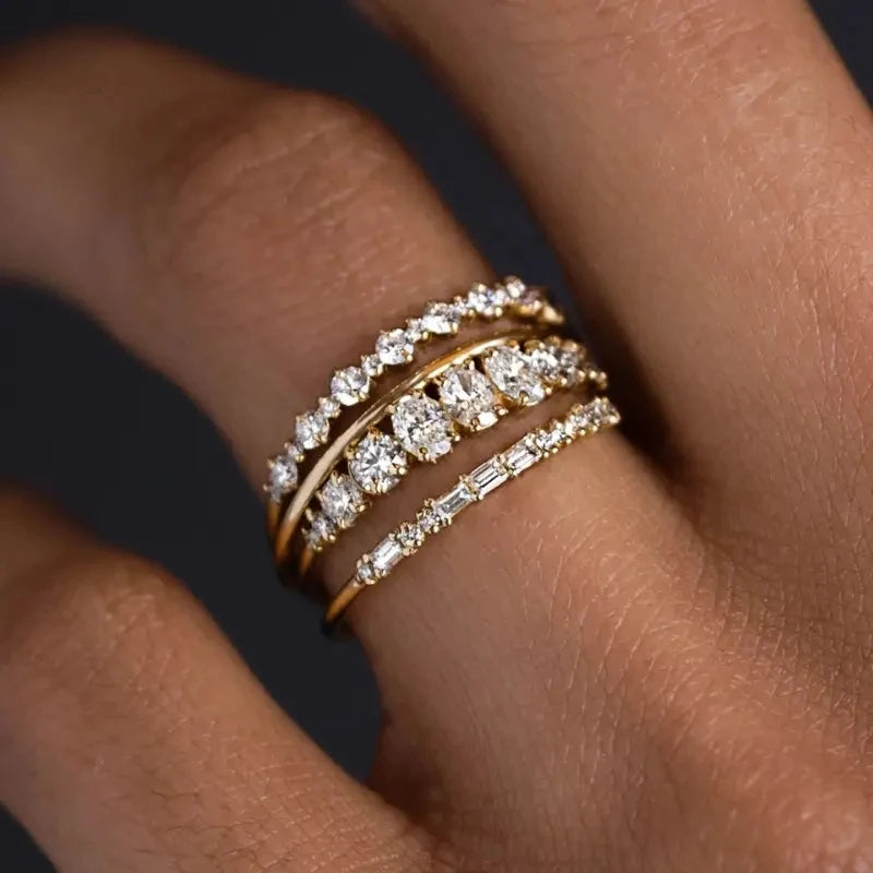 New 4pcs 14k Gold Plated Stacking Rings with Shining Zirconia - Perfect ForWeddings, Parties, and Everyday Wear