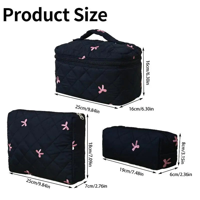 Black Women Portable Makeup Bag Large Capacity Bow Quilting Cosmetic Pouch Handbag Ladies Travel Toiletry Storage Bag