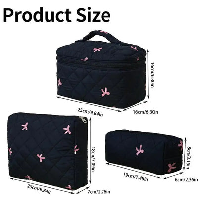 Black Women Portable Makeup Bag Large Capacity Bow Quilting Cosmetic Pouch Handbag Ladies Travel Toiletry Storage Bag