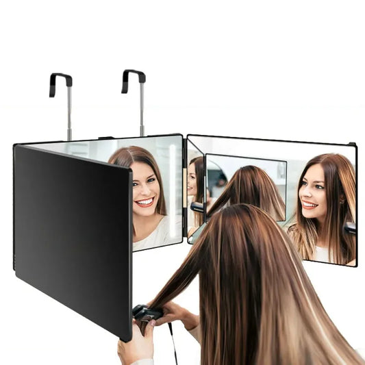 3-Way Mirror with Height Adjustable Hook 360 Trifold Makeup Mirror Hairdressing Mirror Suitable for Haircut Styling