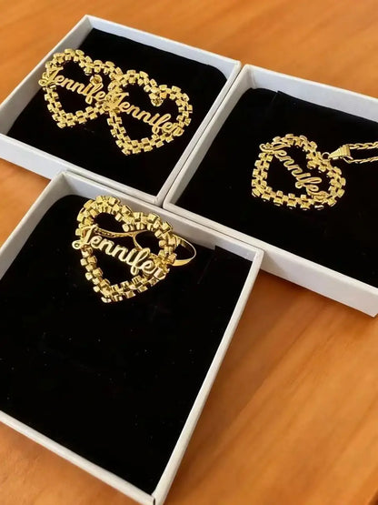 Custom Name Jewelry Set Heart Shaped Watch Strap Chain Style Custom Name Nameplate Necklace/Earrings/Rings Personalized Gift