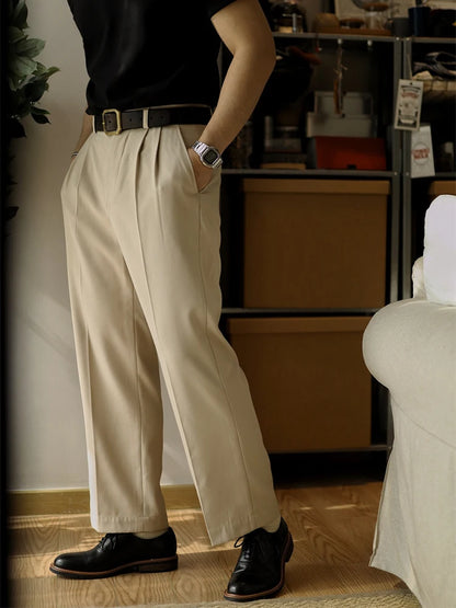 2025 Spring Trendy Mens Trousers Solid Color Pleated Loose Straight Pants Men Leisure Breathable Suit Trousers Men's Clothing