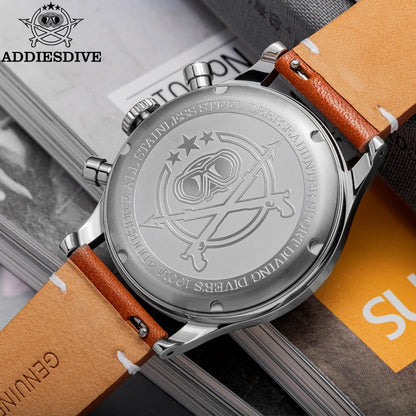 ADDIESDIVE 38mm Chronograph Quartz Watch 60min Business 100m Diving Men's Leather Watches Bubble Dome Mirror Retro Wristwatches