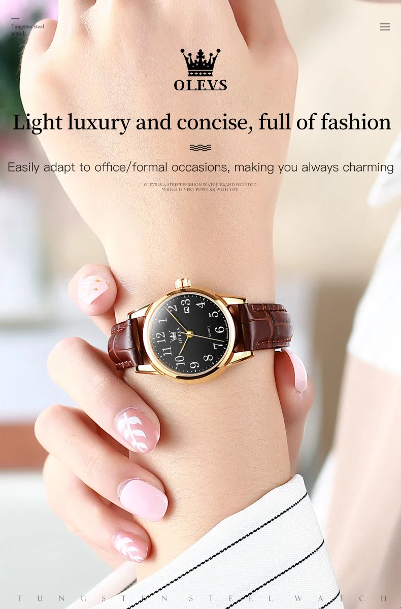 OLEVS Brand Fashion Simple Quartz Watch for Women Leather Strap Waterproof Calendar Womens Watches Elegant Female Clock