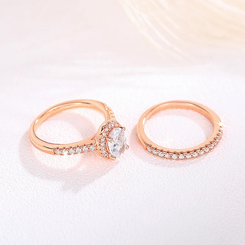 Huitan Gold Color/Rose Gold Color 2Pcs Set Wedding Rings for Women Luxury Cubic Zirconia Engagement Party Female Trendy Jewelry