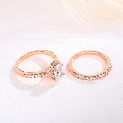 Huitan Gold Color/Rose Gold Color 2Pcs Set Wedding Rings for Women Luxury Cubic Zirconia Engagement Party Female Trendy Jewelry