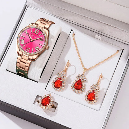 CURREN Luxury Watch Women Ring Necklace Earrings Rhinestone Fashion Wristwatch Female Casual Ladies Watches Bracelet 5PCS Set