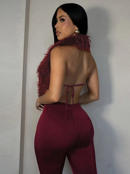 Nibber Hipster 2-Piece Set Women Plush Tassel Lace-Up Halter v-Neck Backless Vest+High Elasticity Trouser Sexy Midnight Suits