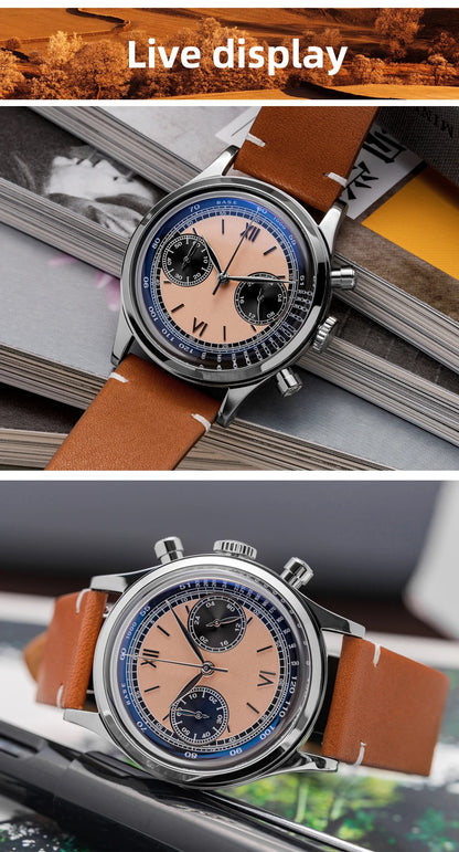 ADDIESDIVE 38mm Chronograph Quartz Watch 60min Business 100m Diving Men's Leather Watches Bubble Dome Mirror Retro Wristwatches