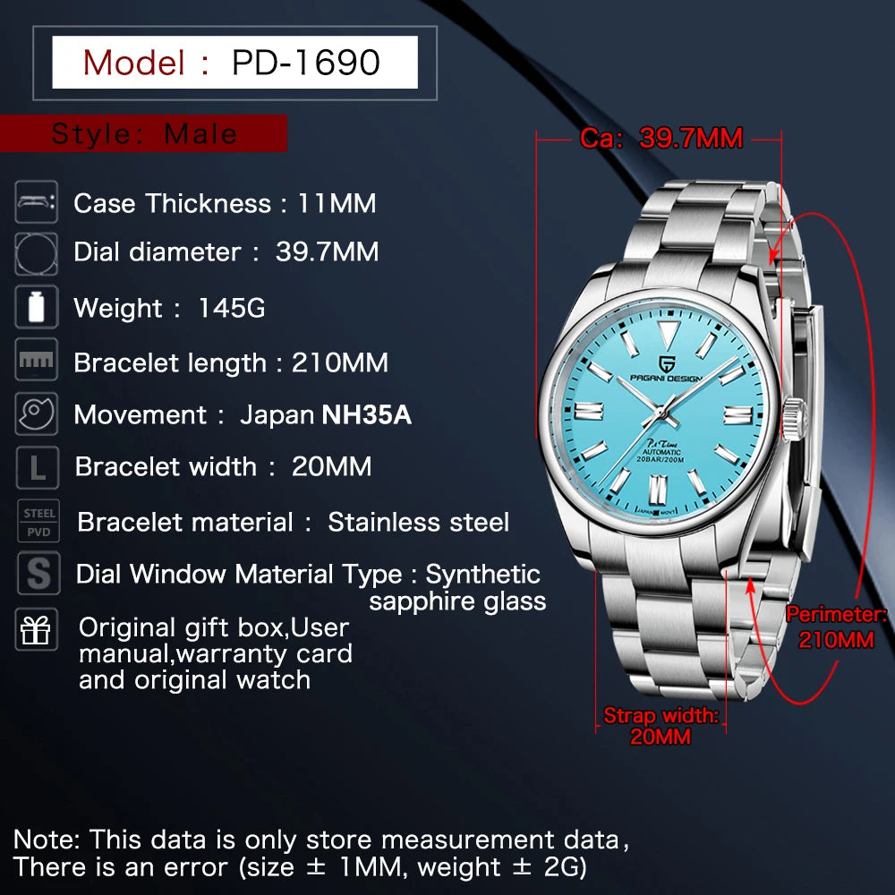 PAGANI DESIGN Luxury Classic Men‘s Mechanical Automatic Watches NH35A Stainless Steel Sports Waterproof Sapphire Clock PD1690