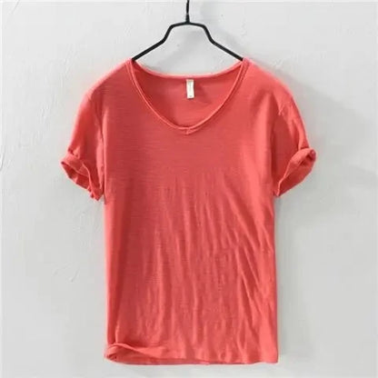 2026 Summer New 100% Cotton White T-shirt Male V-neck