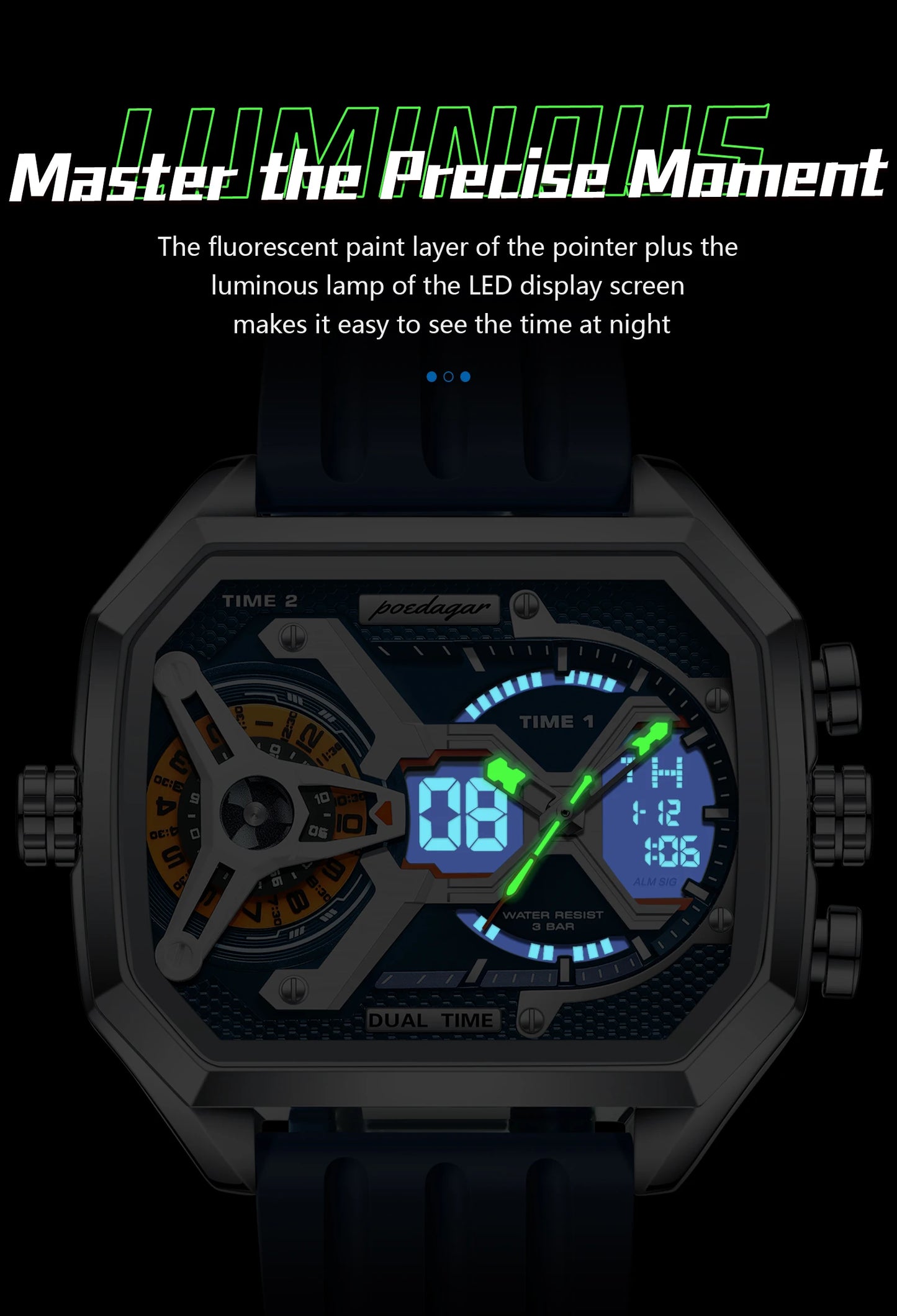 POEDAGAR Luxury Men Wristwatch Date Week Luminous LED Quartz Man Clock Silicone Strap Electronic Dual Time Fashion Men's Watches