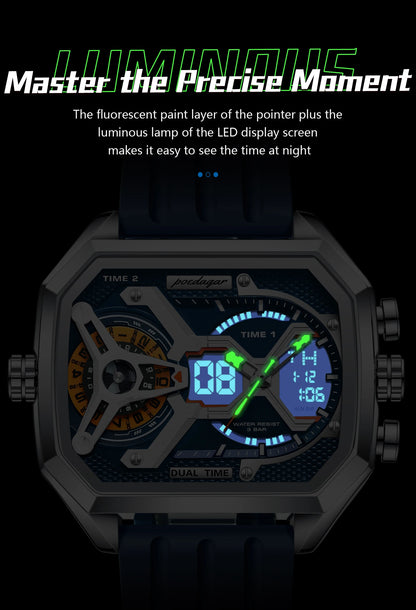POEDAGAR Luxury Men Wristwatch Date Week Luminous LED Quartz Man Clock Silicone Strap Electronic Dual Time Fashion Men's Watches